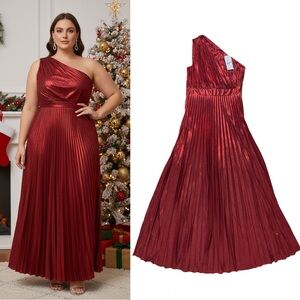 NEW Aomei Red Metallic Pleated One Shoulder Christmas Maxi Dress L